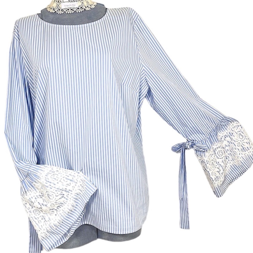 Blue white stripe top long sleeve lace feminine tunic XXL spring summer blouse